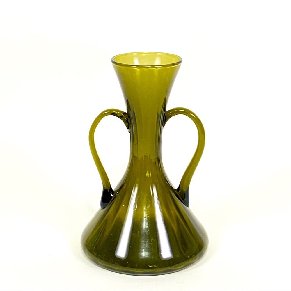 VINTAGE Green Blown Glass Double Handle Mid Century Vase